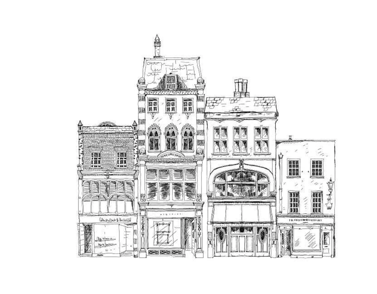 Hand-drawn architectural streetscape, the Gyllen Properties Co. brand illustration